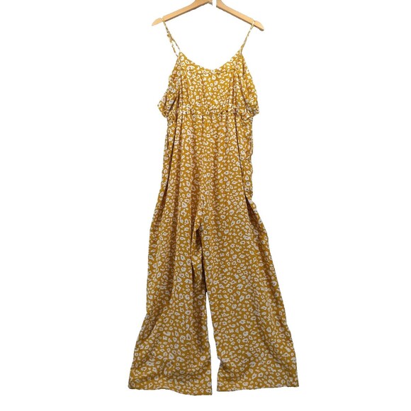 Blu Pepper Jumpsuit Mustard Yellow Print Tie Front Pockets Size L Sleeveless - Picture 5 of 11